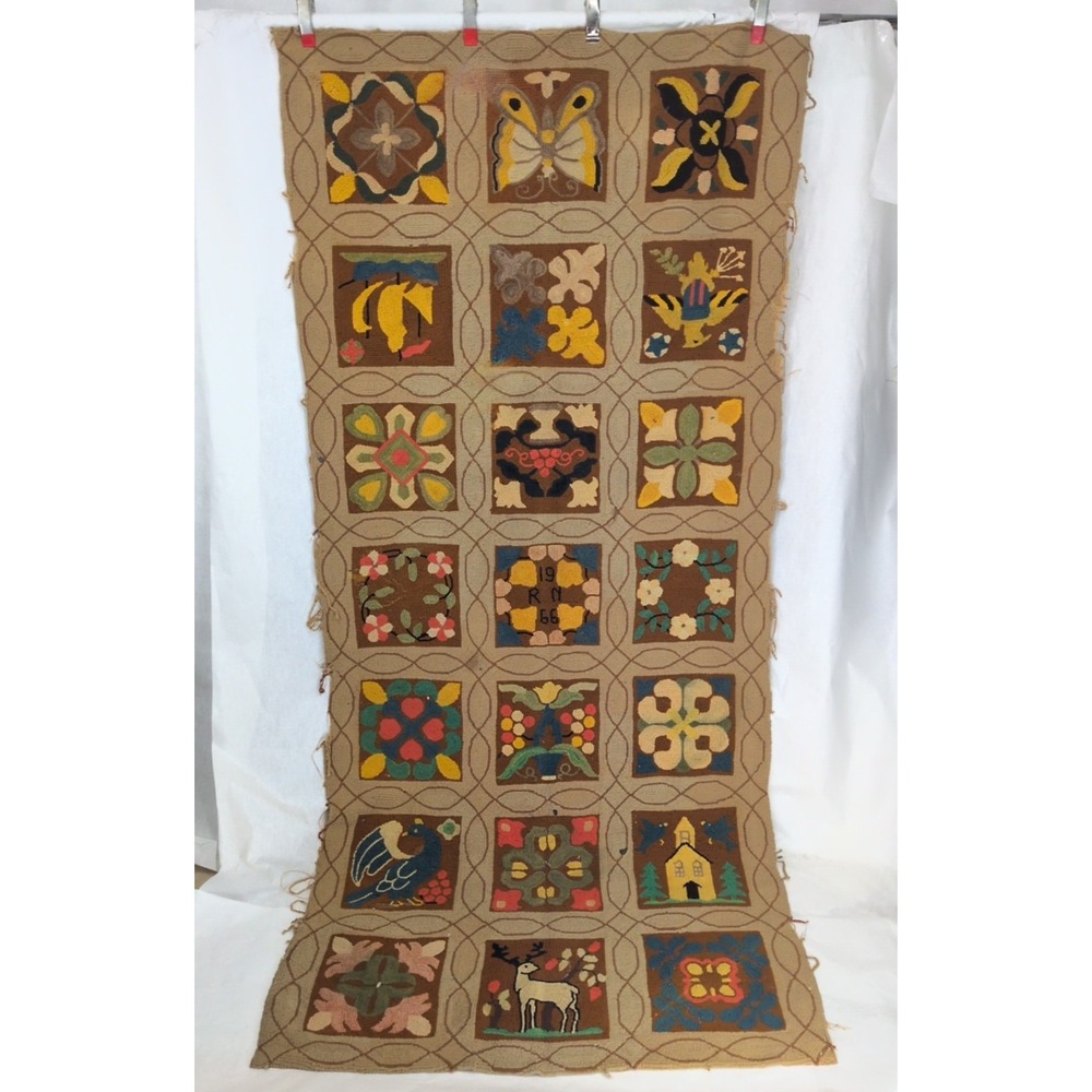 Large VTG Antique 1966 Signed Hooked Rug 90x40 Sampler Floral Birds Animals Hex